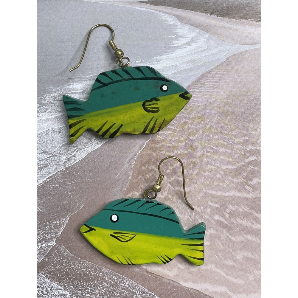 Fish Dangle Earrings Womens Green Teal Tropical Hand Painted Beach Jewelry